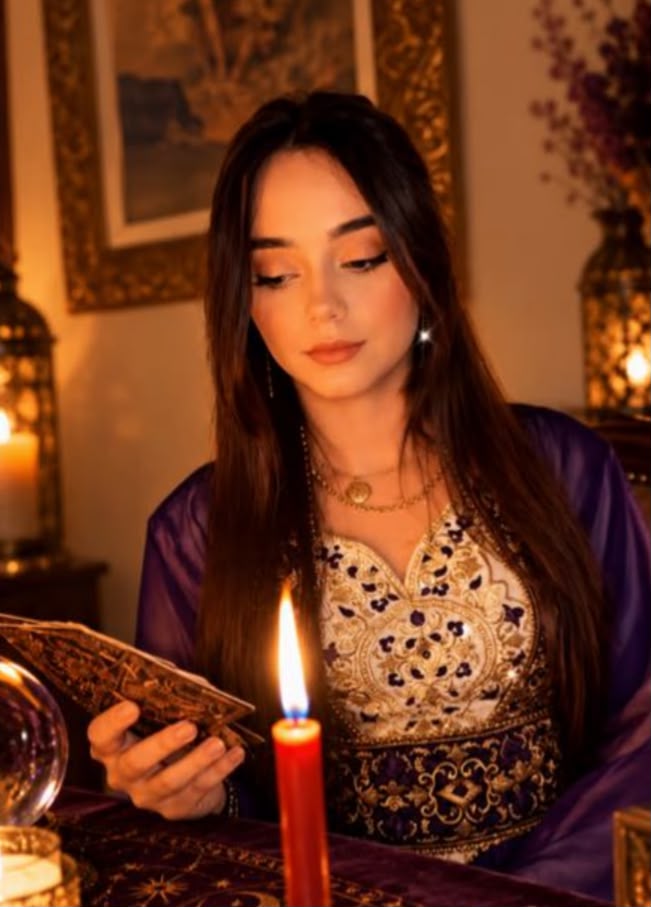 Sensitiva Luana lendo cartas à luz de velas