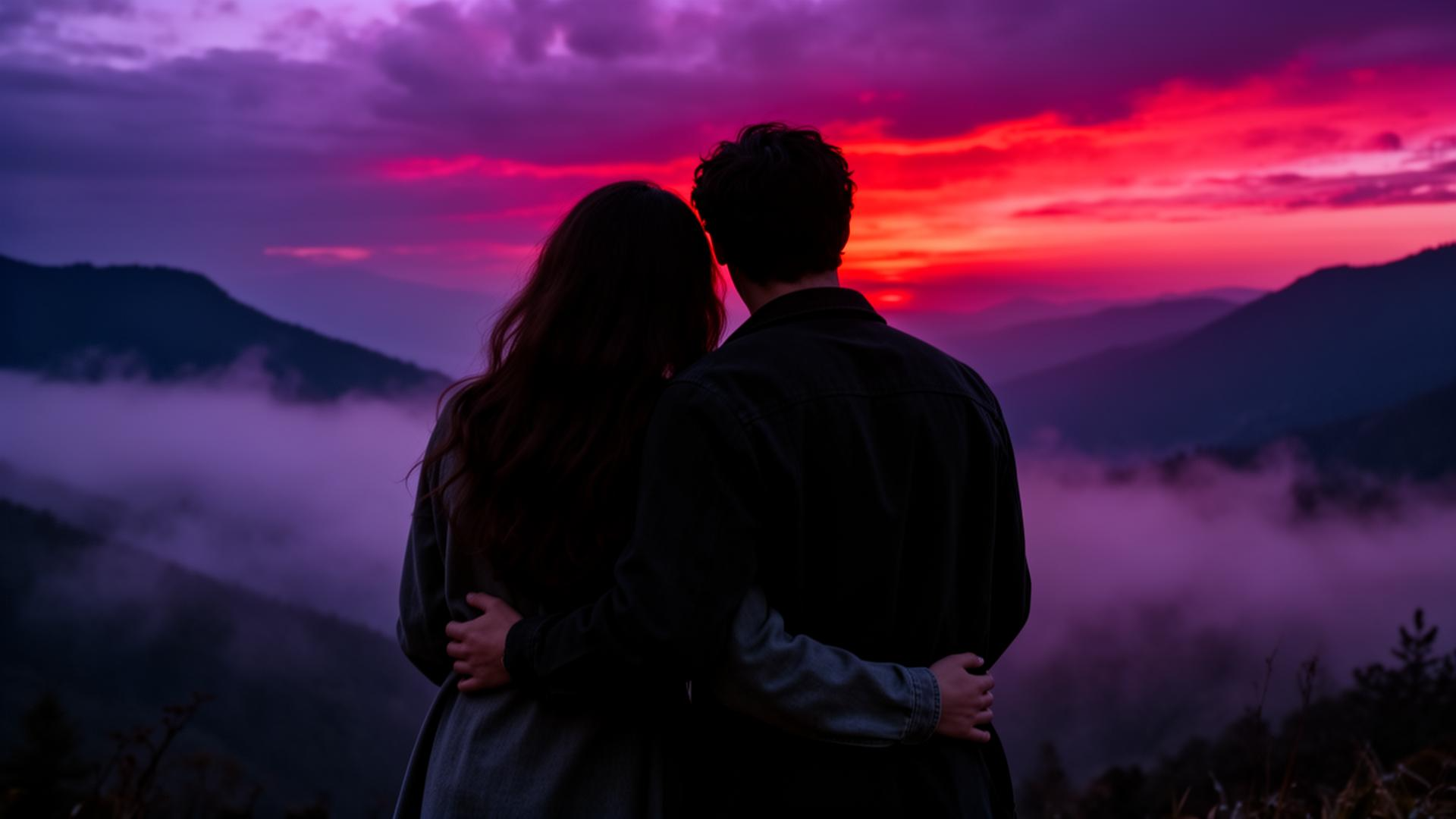 Casal abraçado observando o pôr do sol em um vale enevoado
